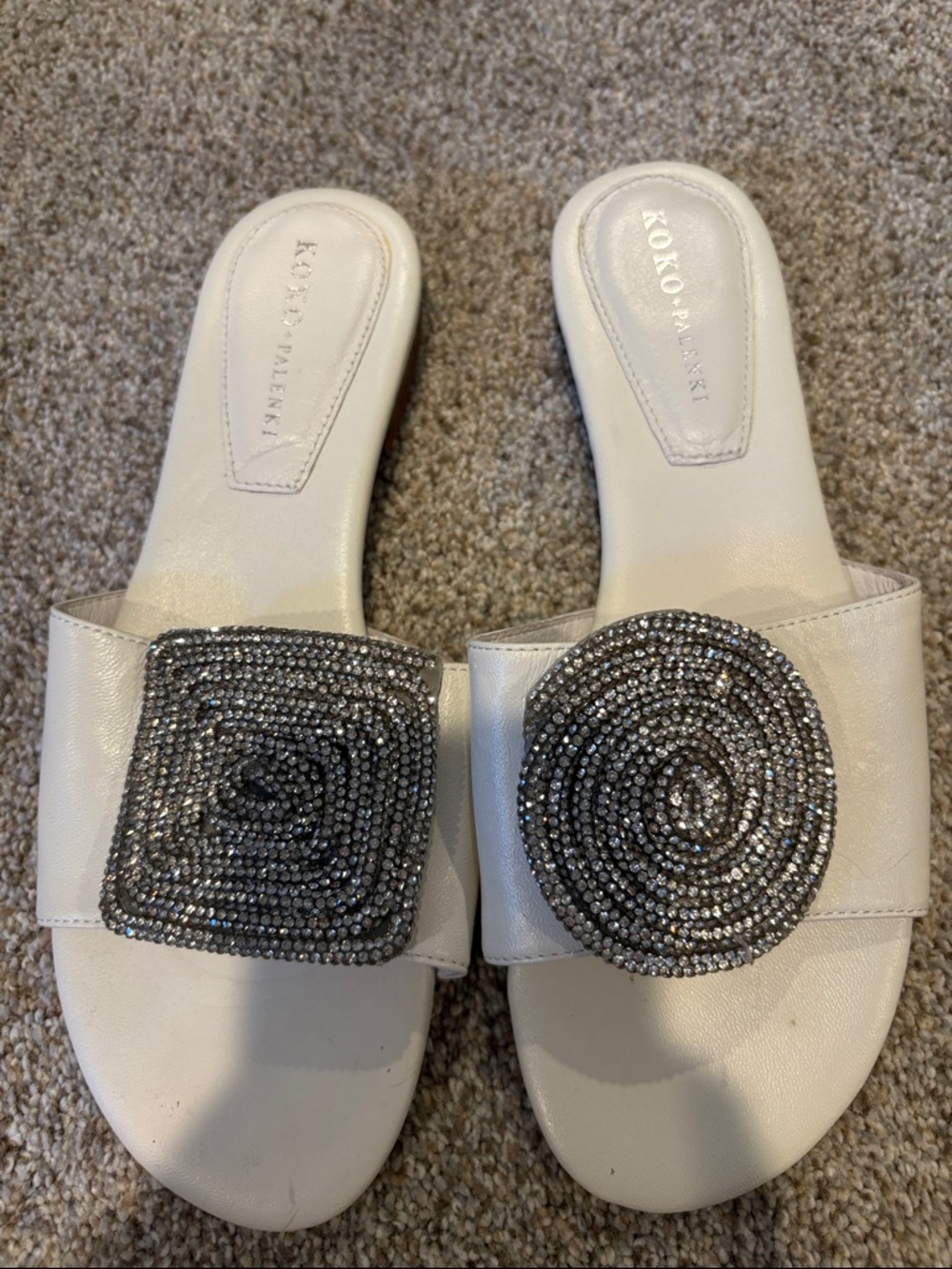 White Slide Sandals with Sparkling Silver Embellishment Koko+Palenki